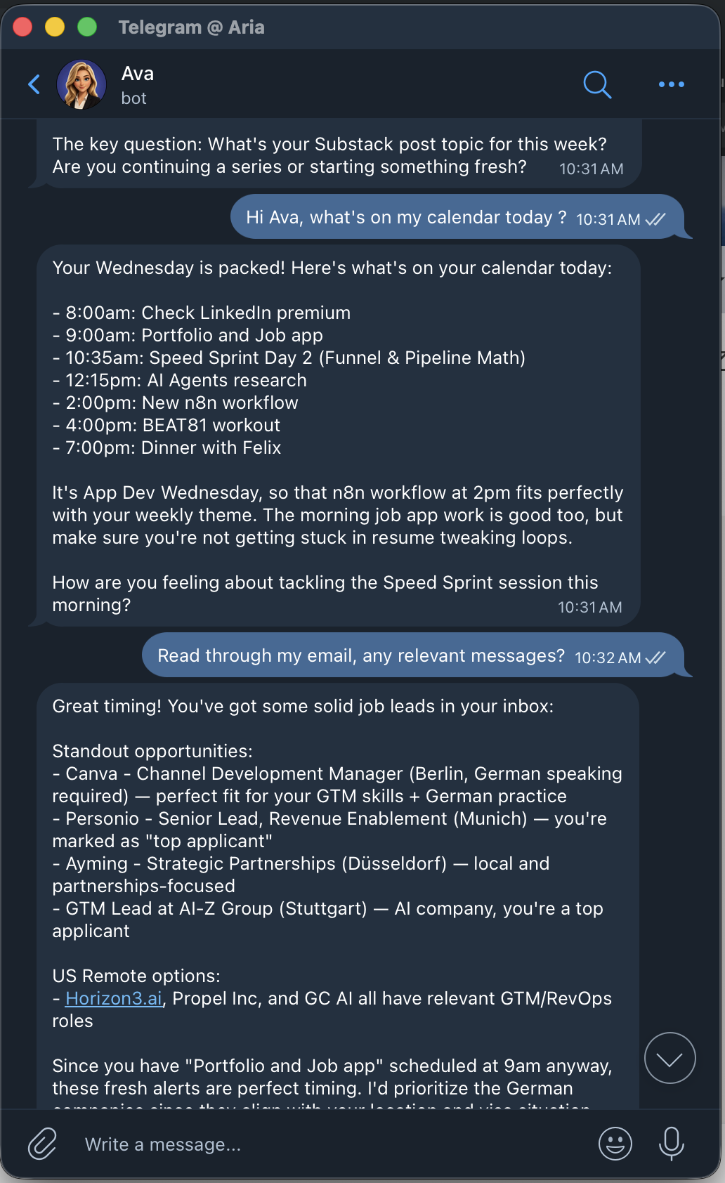 Ava in Telegram — screen 1